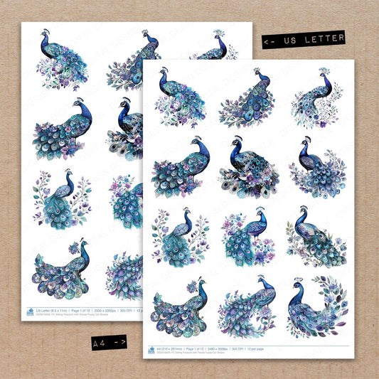 A4 and US Letter format comparison showing Sitting Peacock with Florals fussy cut pages for print and cut crafting