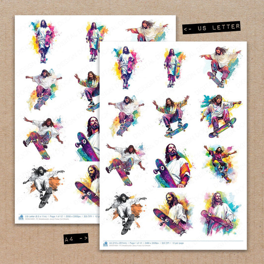 A4 and US Letter format comparison showing Skateboader Jesus fussy cut pages for print and cut crafting