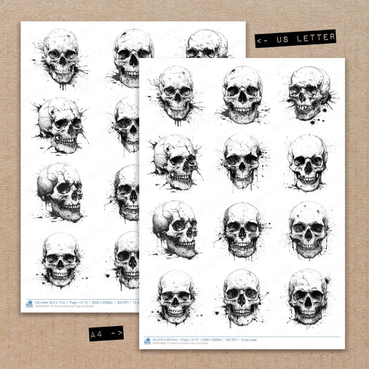 A4 and US Letter format comparison showing Skull Ink Drawing fussy cut pages for print and cut crafting