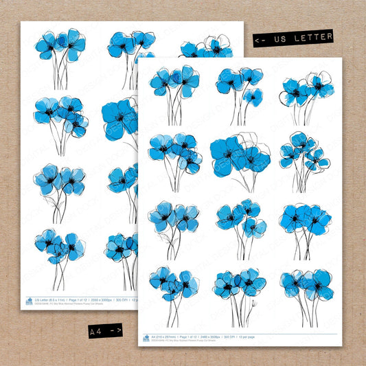 A4 and US Letter format comparison showing Sky Blue Abstract Flowers fussy cut pages for print and cut crafting