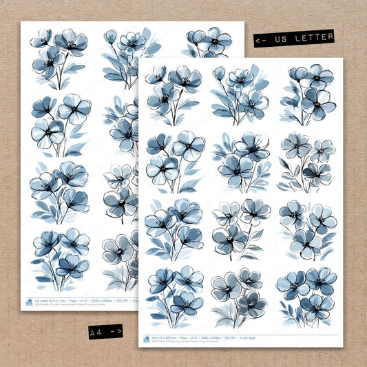 A4 and US Letter format comparison showing Slate Grey Abstract Flowers fussy cut pages for print and cut crafting