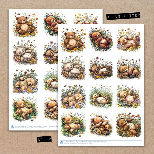 A4 and US Letter format comparison showing Sleeping Bear in Wildflowers fussy cut pages for print and cut crafting