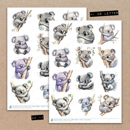 A4 and US Letter format comparison showing Sleepy Koala fussy cut pages for print and cut crafting