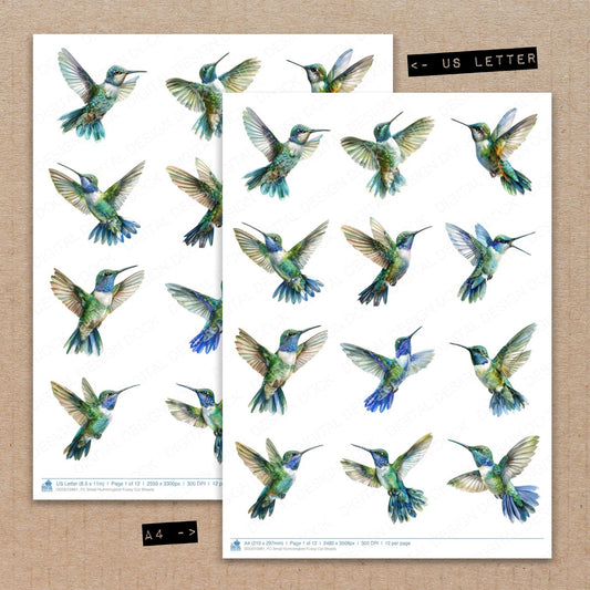 A4 and US Letter format comparison showing Small Hummingbird fussy cut pages for print and cut crafting