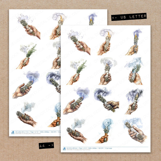 A4 and US Letter format comparison showing Smudging Ritual fussy cut pages for print and cut crafting