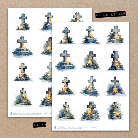 A4 and US Letter format comparison showing Snow Covered Stone Cross fussy cut pages for print and cut crafting