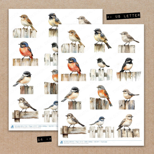 A4 and US Letter format comparison showing Songbird on a Fence fussy cut pages for print and cut crafting