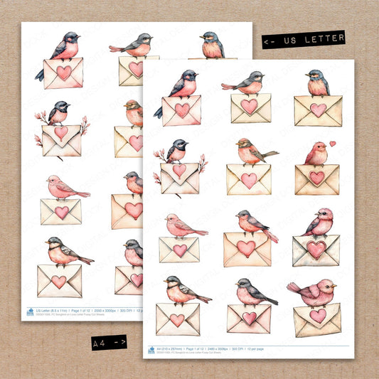 A4 and US Letter format comparison showing Songbird on Love Letter fussy cut pages for print and cut crafting