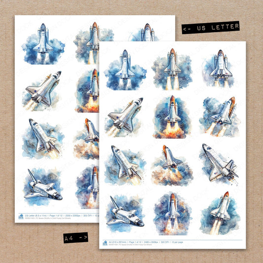 A4 and US Letter format comparison showing Space Shuttle in Orbit fussy cut pages for print and cut crafting