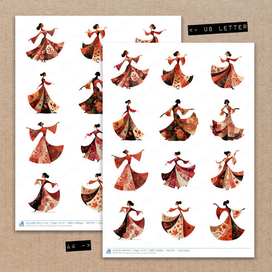 A4 and US Letter format comparison showing Spanish Folk Dancer fussy cut pages for print and cut crafting