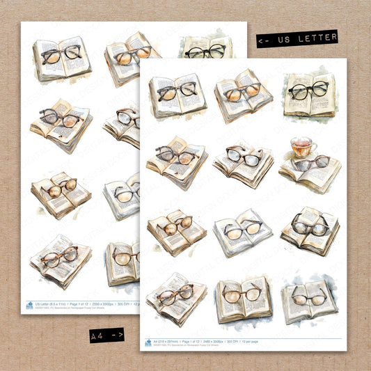 A4 and US Letter format comparison showing Spectacles on Newspaper fussy cut pages for print and cut crafting