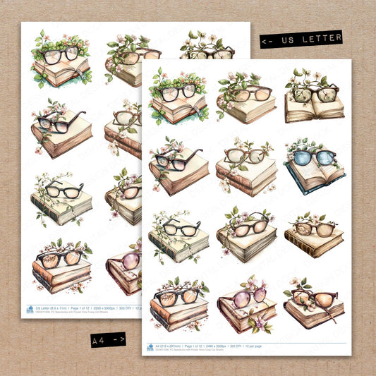 A4 and US Letter format comparison showing Spectacles with Flower Vine fussy cut pages for print and cut crafting