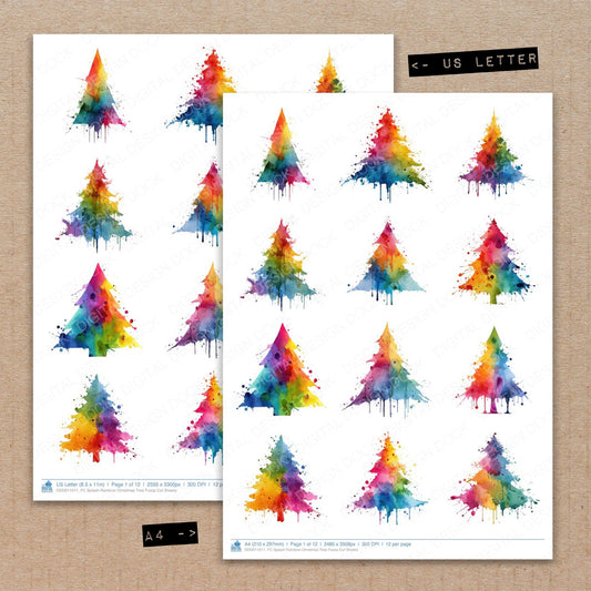 A4 and US Letter format comparison showing Splash Rainbow Christmas Tree fussy cut pages for print and cut crafting
