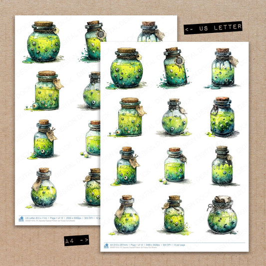 A4 and US Letter format comparison showing Spooky Eyeball Potion Jar fussy cut pages for print and cut crafting