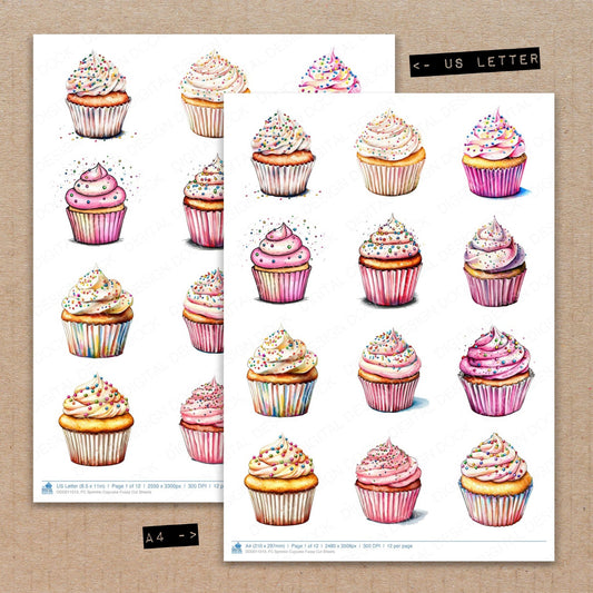 A4 and US Letter format comparison showing Sprinkle Cupcake fussy cut pages for print and cut crafting