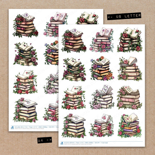 A4 and US Letter format comparison showing Stacked Books with Florals fussy cut pages for print and cut crafting