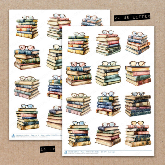A4 and US Letter format comparison showing Stacked Books with Glasses fussy cut pages for print and cut crafting