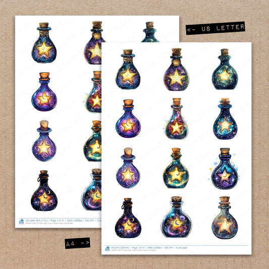 A4 and US Letter format comparison showing Star Sign Potion Bottle fussy cut pages for print and cut crafting