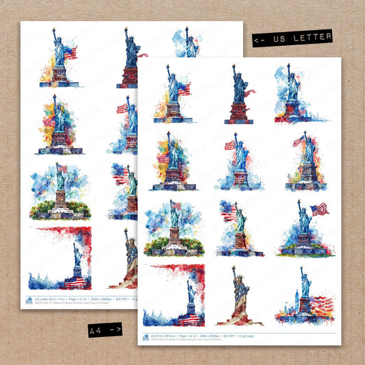 A4 and US Letter format comparison showing Statue of Liberty American Flag fussy cut pages for print and cut crafting