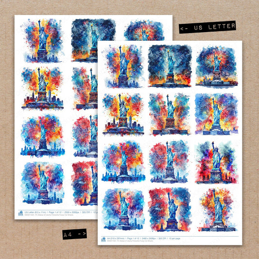 A4 and US Letter format comparison showing Statue of Liberty Fireworks fussy cut pages for print and cut crafting