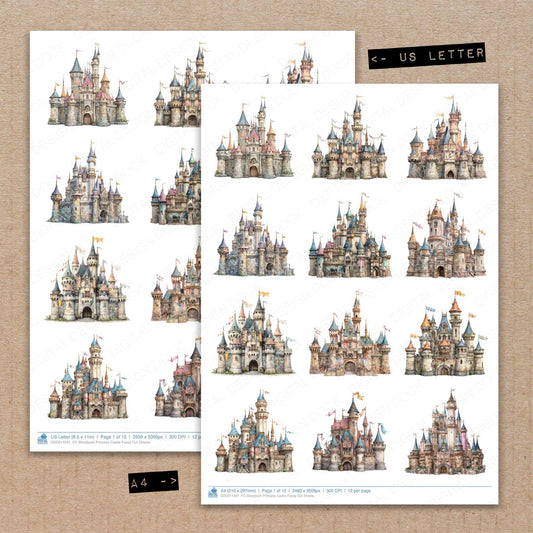 A4 and US Letter format comparison showing Storybook Princess Castle fussy cut pages for print and cut crafting