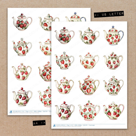 A4 and US Letter format comparison showing Strawberry Porcelain Teapot fussy cut pages for print and cut crafting