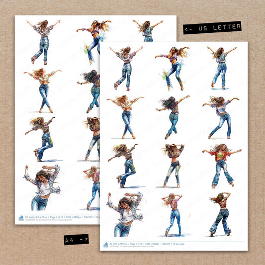 A4 and US Letter format comparison showing Street Dancing Woman fussy cut pages for print and cut crafting