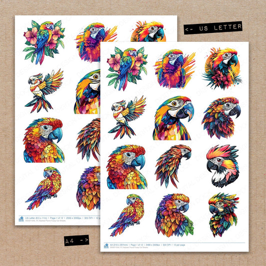 A4 and US Letter format comparison showing Stylized Parrot fussy cut pages for print and cut crafting