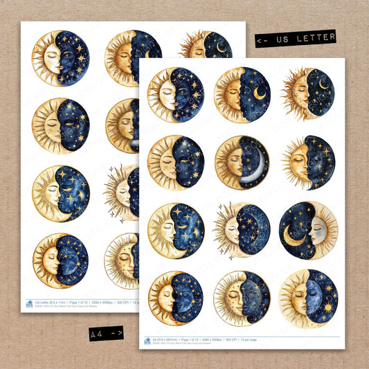 A4 and US Letter format comparison showing Sun Moon Folk Duo fussy cut pages for print and cut crafting