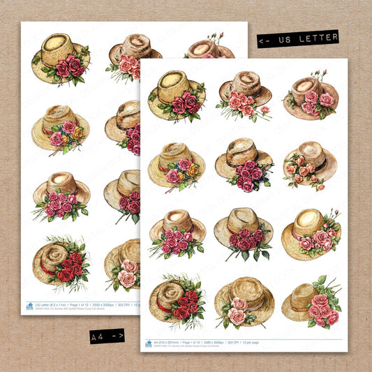 A4 and US Letter format comparison showing Sunhat with Spilled Roses fussy cut pages for print and cut crafting