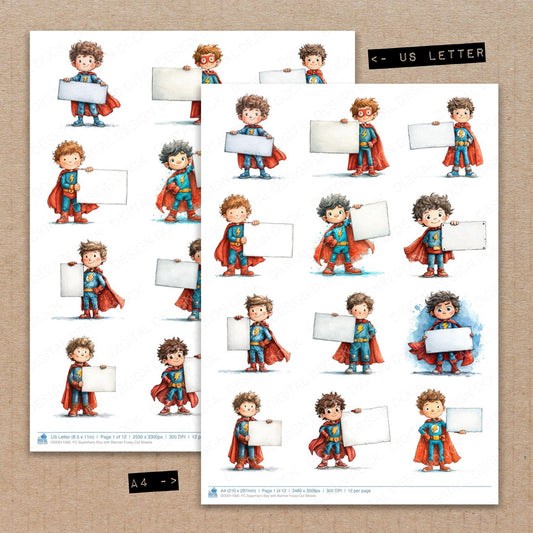 A4 and US Letter format comparison showing Superhero Boy with Banner fussy cut pages for print and cut crafting