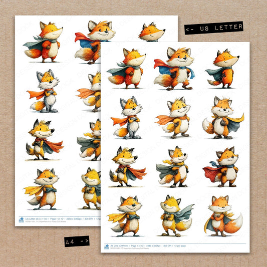 A4 and US Letter format comparison showing Superhero Fox fussy cut pages for print and cut crafting