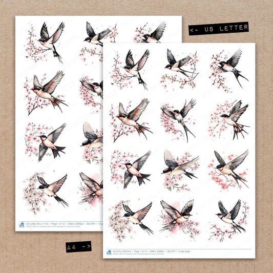 A4 and US Letter format comparison showing Swallow with Cherry Blossoms fussy cut pages for print and cut crafting