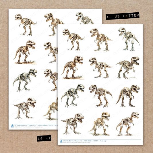 A4 and US Letter format comparison showing T-Rex Dinosaur Skeleton fussy cut pages for print and cut crafting