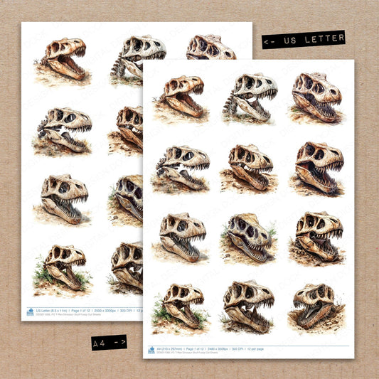 A4 and US Letter format comparison showing T-Rex Dinosaur Skull fussy cut pages for print and cut crafting