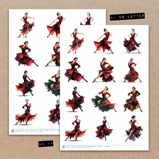 A4 and US Letter format comparison showing Tango Dancer Woman fussy cut pages for print and cut crafting