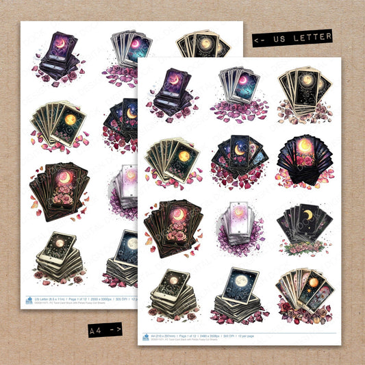 A4 and US Letter format comparison showing Tarot Card Stack with Petals fussy cut pages for print and cut crafting