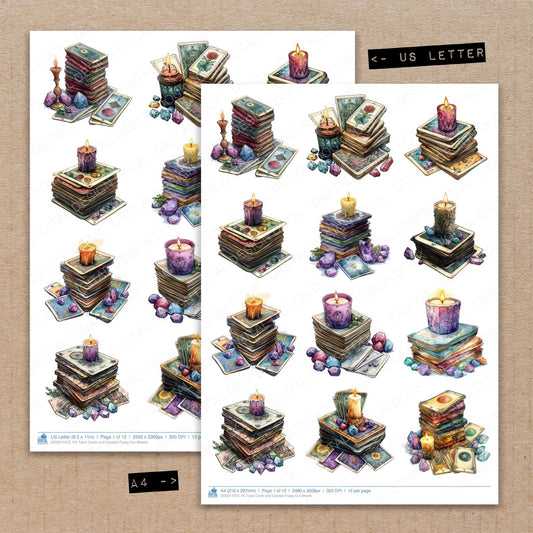 A4 and US Letter format comparison showing Tarot Cards and Crystals fussy cut pages for print and cut crafting