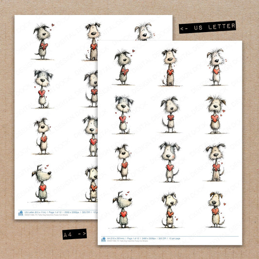 A4 and US Letter format comparison showing Tatty Dog Valentine fussy cut pages for print and cut crafting