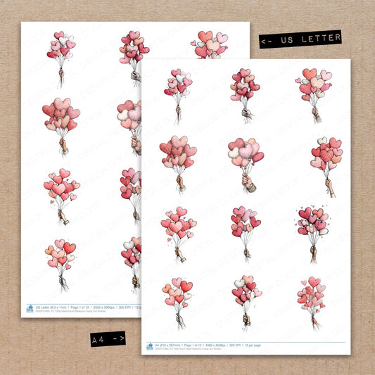 A4 and US Letter format comparison showing Tatty Hand Heart Balloons fussy cut pages for print and cut crafting