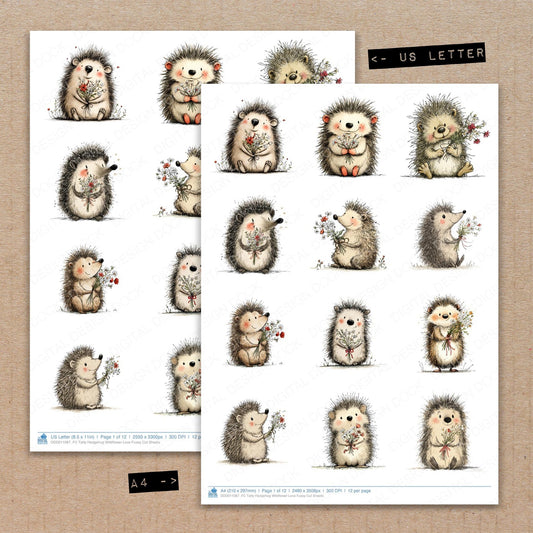 A4 and US Letter format comparison showing Tatty Hedgehog Wildflower Love fussy cut pages for print and cut crafting