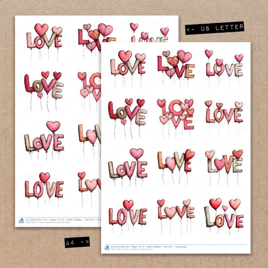 A4 and US Letter format comparison showing Tatty Love Balloons fussy cut pages for print and cut crafting