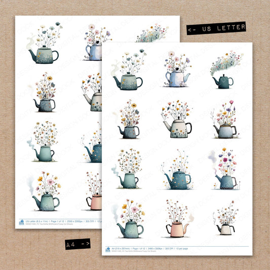 A4 and US Letter format comparison showing Tea Kettle Wildflowers fussy cut pages for print and cut crafting