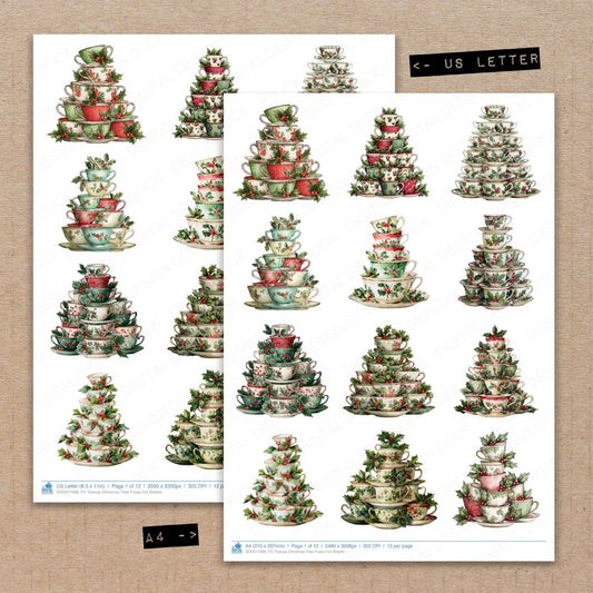 A4 and US Letter format comparison showing Teacup Christmas Tree fussy cut pages for print and cut crafting