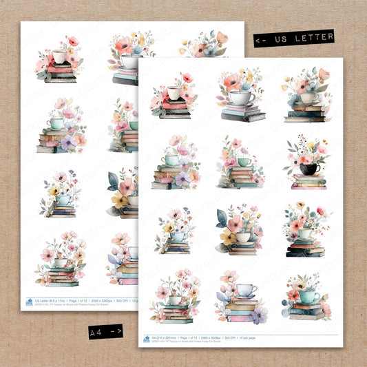 A4 and US Letter format comparison showing Teacup on Books with Flowers fussy cut pages for print and cut crafting