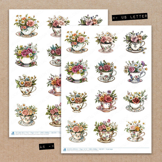 A4 and US Letter format comparison showing Teacup Overflowing with Flowers fussy cut pages for print and cut crafting