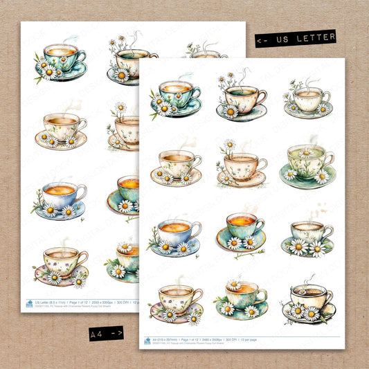 A4 and US Letter format comparison showing Teacup with Chamomile Flowers fussy cut pages for print and cut crafting