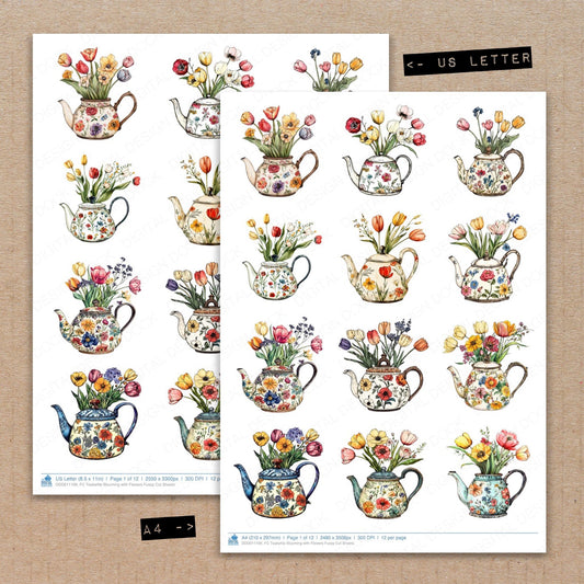 A4 and US Letter format comparison showing Teakettle Blooming with Flowers fussy cut pages for print and cut crafting