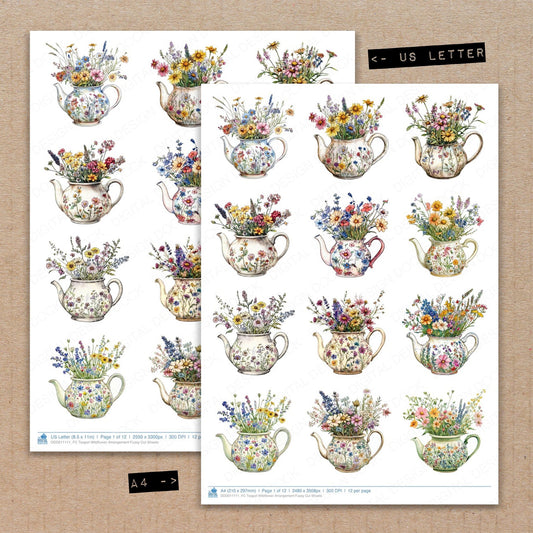 A4 and US Letter format comparison showing Teapot Wildflower Arrangement fussy cut pages for print and cut crafting