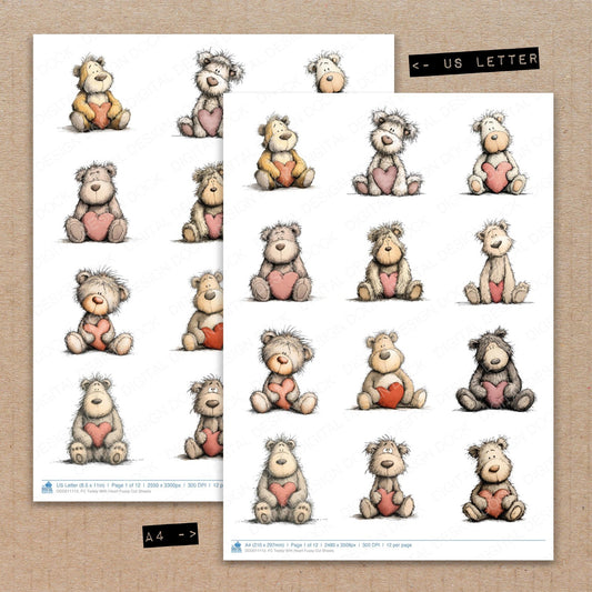 A4 and US Letter format comparison showing Teddy With Heart fussy cut pages for print and cut crafting